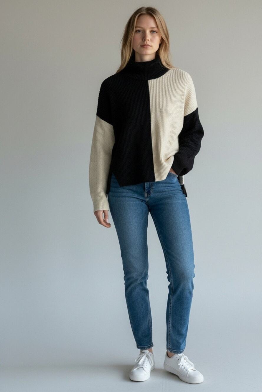 Abercrombie & Fitch Cream Black Wool Colorblock Turtleneck Sweater Womens Size S